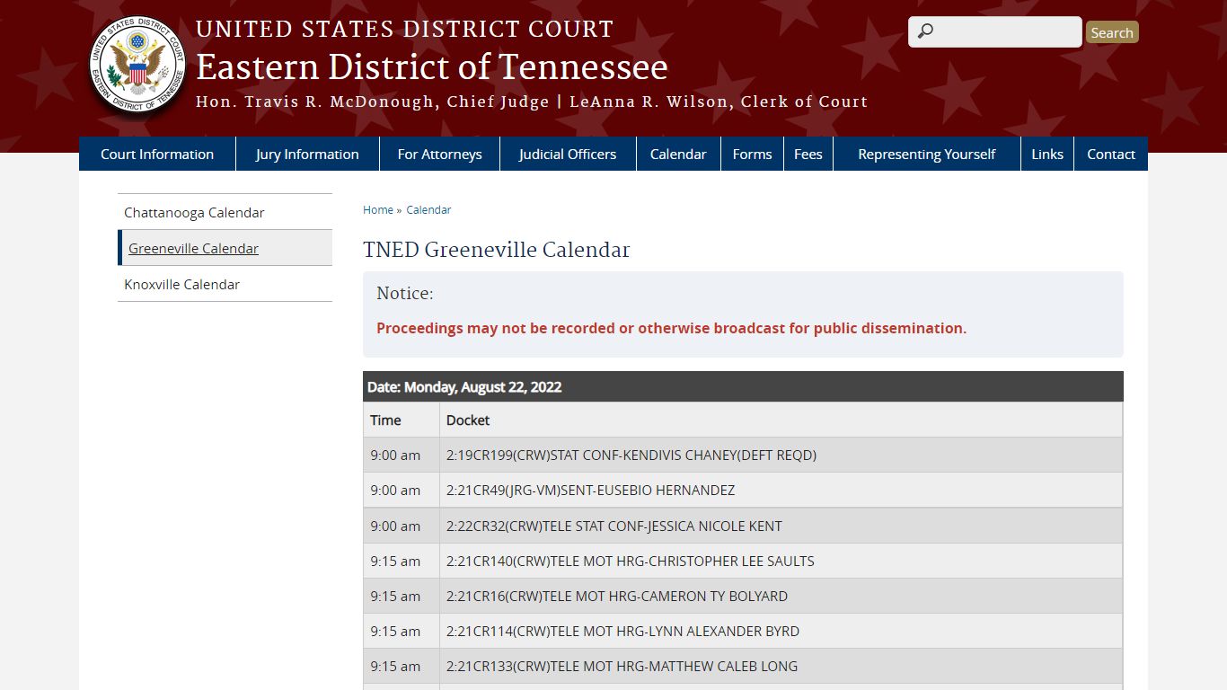 TNED Greeneville Calendar - United States District Court